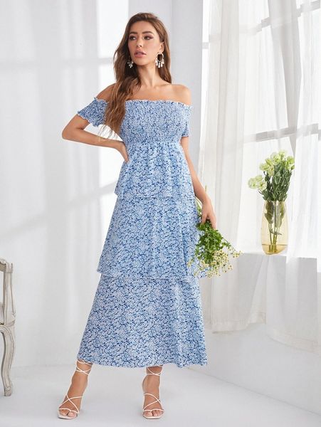 

off-shoulder ditsy floral shirred layered dress f9p8#, Black;gray