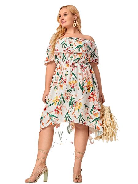 

plus 1pc floral print off shoulder ruffle trim high low dress v9l3#, Black