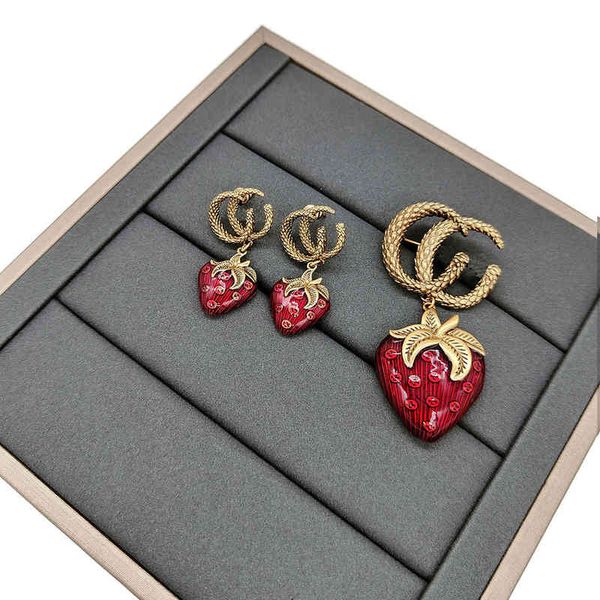 

ancient red strawberry earrings tiktok fashion personality high-end 925 silver needle earphone factory green shake with the, Golden