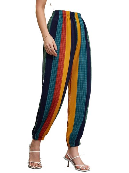 

plaid & block striped carrot pants n4x6#, Black;white