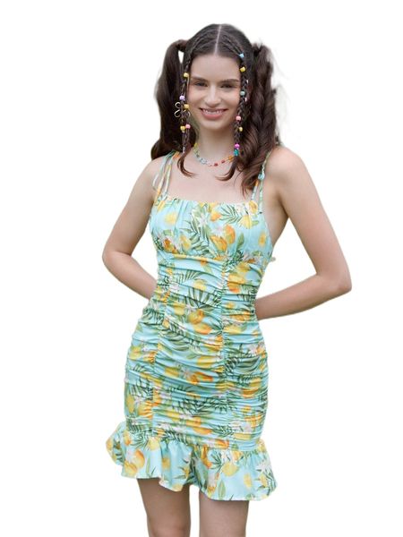 

mod tropical print ruched ruffle hem tie shoulder cami dress i6ju#, Black;gray
