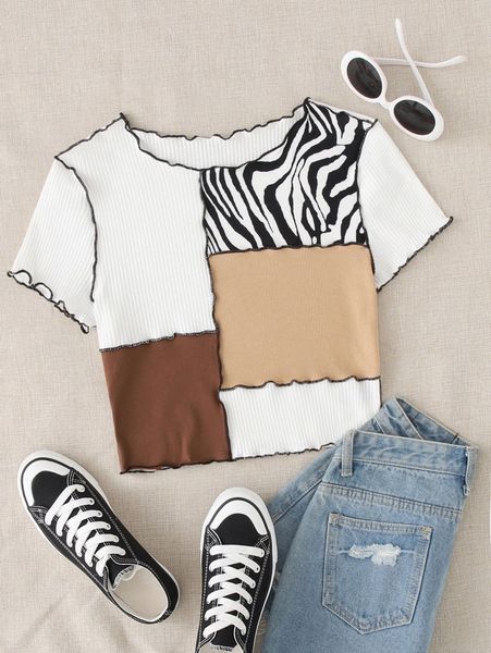 

zebra striped print seam front colorblock tee c61e#, White