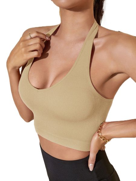 

rib-knit backless crop sports halter i40q#, Gray
