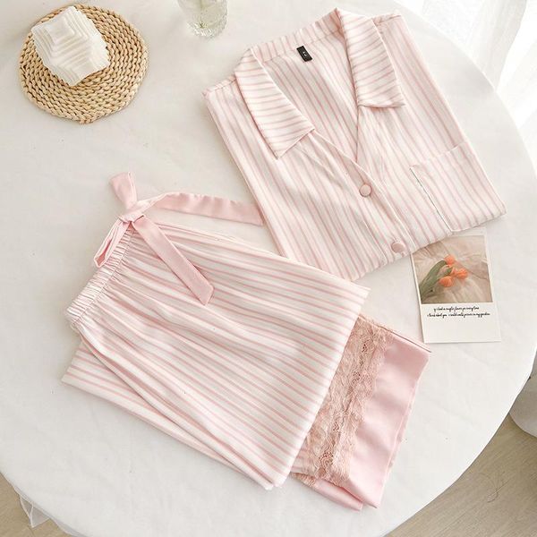 

stripe print lace sleepwear sweet women pajama set long sleeve satin chiffon pyjamas, Black;red