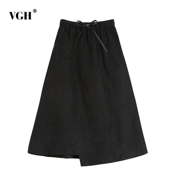 

black casual skirt for women elastic high waist patchwork bowknot irregular hem a line midi dresses female summer style 210507