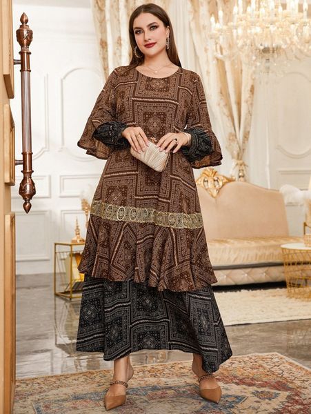 

plus paisley scarf print guipure lace insert two layer hem dress z4i5#, Black