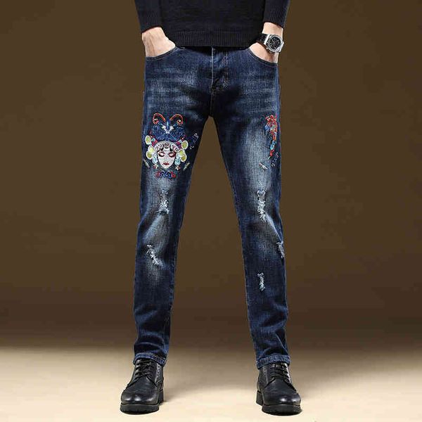 

men's jeans men men's elastic legged jeans embroidered beauty head slim fit pants 8612 j57j, Blue