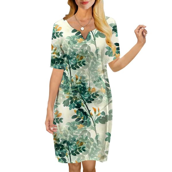 

women dress green leaves pattern 3d printed vneck loose casual short sleeve shift dress for female dresses dress 220616, Black;gray