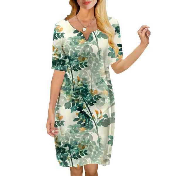 Mulheres vestido verde folhas padrão 3d impresso vneck solto casual manga curta vestido de mudança para vestidos femininos vestido sexy 220616