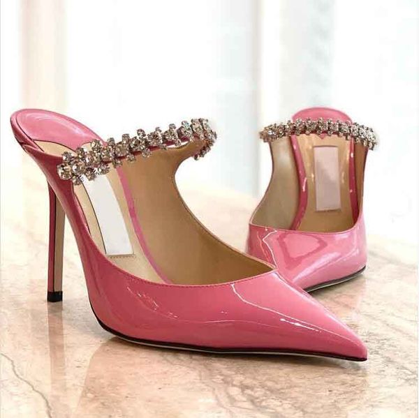 JC Jimmynessità Choo Sandalo Sandalo Summer Woman Tacchi Bing 100 Pink Leathers Mules Gioielli Strass Strass Cint Sexy con scatola originale