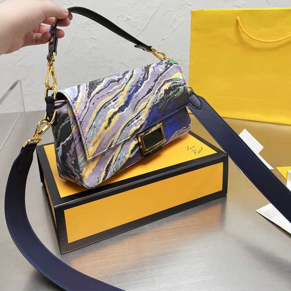 

baguette crossbody bag women handbag flap purse blue marbled printing smooth fabric leather shoulder bags lady totes classic letter hasp