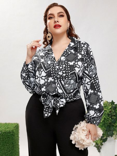 

plus scarf print lapel neck bishop sleeve tie front blouse o42h#, Black