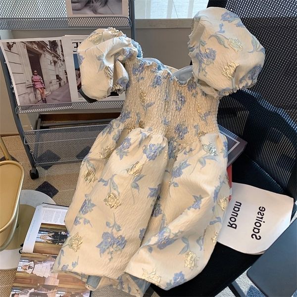 

fashion women blue floral print holiday princess party dress elegant ladies puff sleeve square neck pleat mini dress short robe 220705, Black;gray