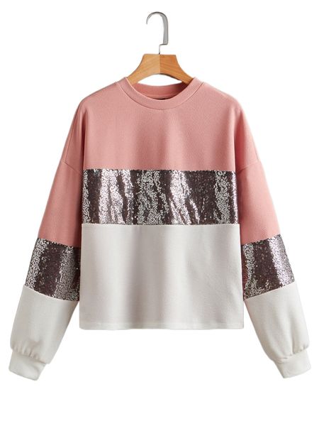 

contrast sequin cut-and-sew pullover b3lf#, Black
