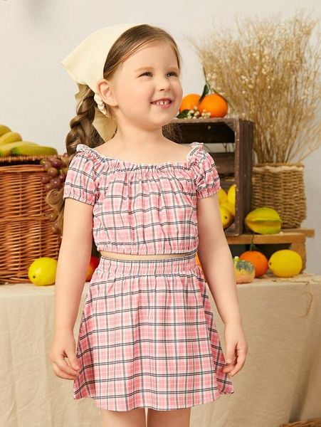 

toddler girls plaid puff sleeve & skirt set she, White