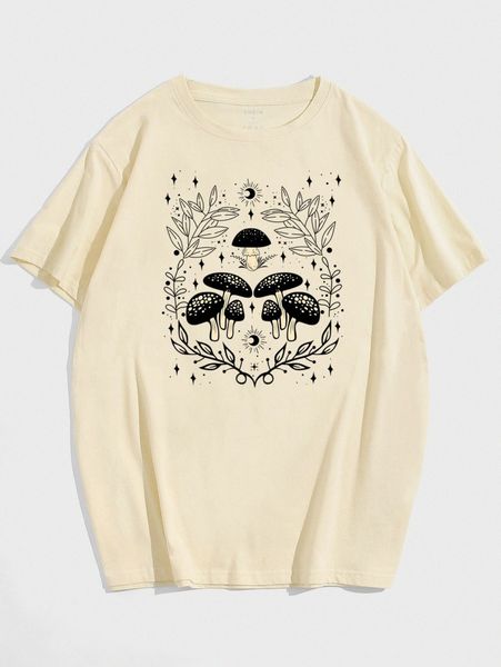 

men plant & mushroom print tee s3lr#, White;black