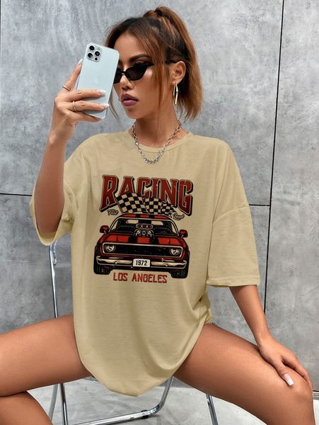 

letter & car print drop shoulder tee 82ag#, White