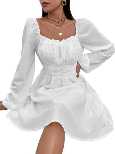 

bishop sleeve frill trim knot back dress j3xh#, Black;gray