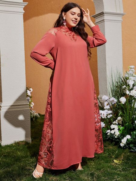 

plus mock neck contrast mesh tunic dress n2p5#, Black