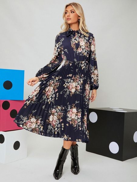 

tie neck lantern sleeve pleated floral dress t5xh#, Black;gray