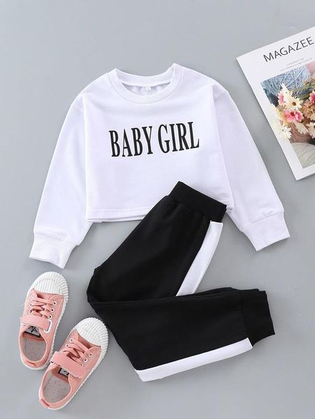 

little girl's lettered pullover and stitched side seam pant she, White