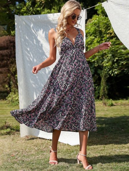

ditsy floral crisscross tie back ruffle hem cami dress c73d#, Black;gray