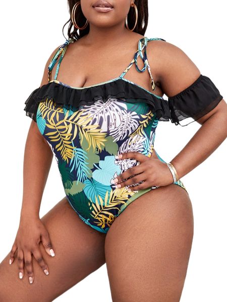 

sxy plus tropical print ruffle trim tie shoulder bodysuit p0rz#, Black