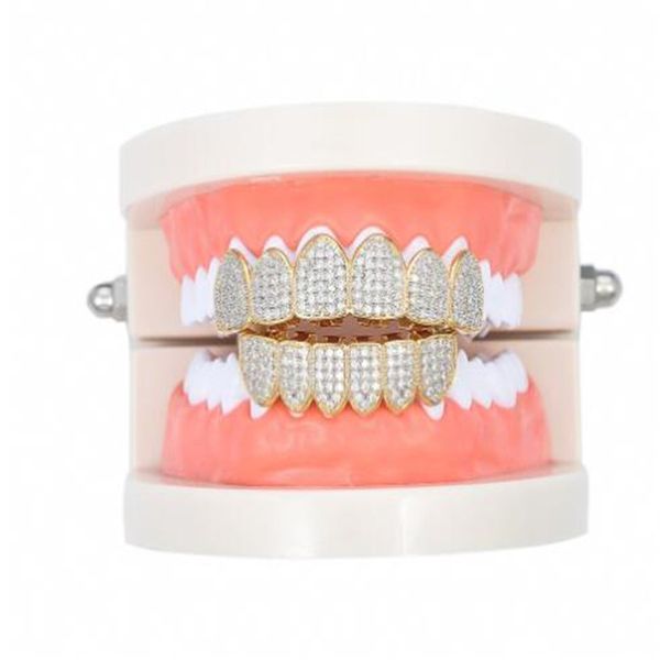 

18k gold plated grillz tooth for men 4a micro cubic zircon hip-hop diamond dental teeth grills men women halloween bottom grill jewelry, Black