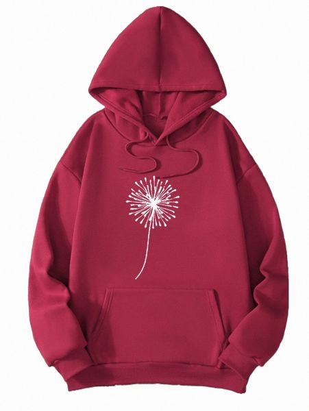 

dandelion print drawstring thermal hoodie m0nl#, Black