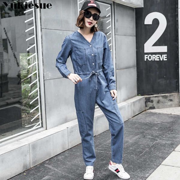 Sexy Jeans Jumpsuit Frauen Strampler Langarmgürtel Elegante Winter Herbst Jeans Frauen Streetwear Overalls 210608