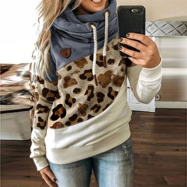 

womens leopard patchwork hoodies sweatshirt autumn winter turtleneck long sleeve outwear drawstring hooded pullovers streetwear 220721, Black
