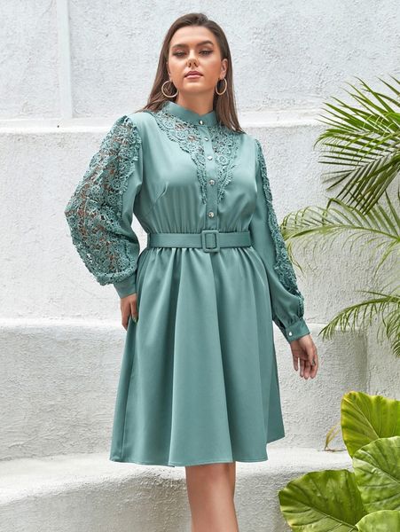 

simplee plus contrast guipure lace buckled belted dress l8bc#, Black