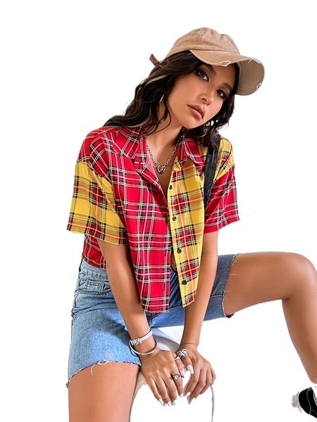 

tartan colorblock drop shoulder shirt a0su#, White