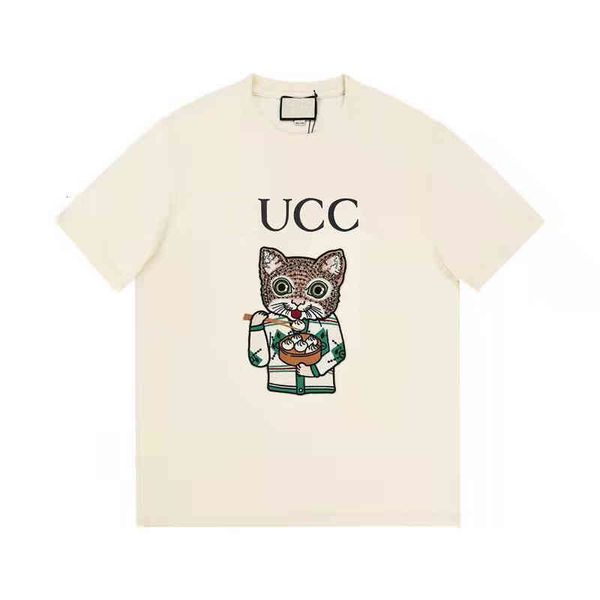 

women's t-shirt spring and summer kitten embroidered short sleeved t-shirt round neck cartoon cute style loose casual couple, White