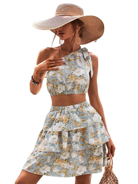 

floral print knot one shoulder & layered hem skirt u1ao#, White