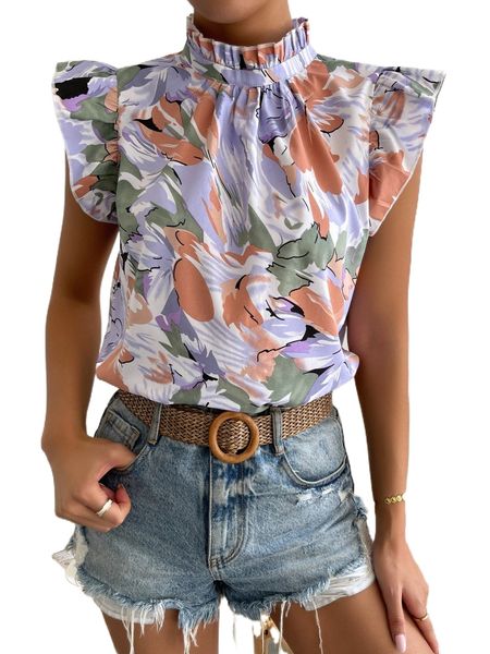

floral print ruffle sleeve frill neck blouse l1rk#, White
