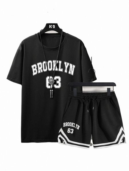 

men letter graphic tee & striped trim drawstring waist shorts q5zu#, Gray