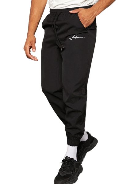 

men letter graphic drawstring waist pants x1p9#, Black