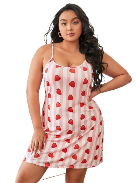 

plus striped strawberry print cami nightdress u1yg#, Black;white