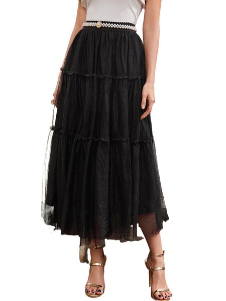 

1pc frill trim mesh flare skirt 24vn#, Black