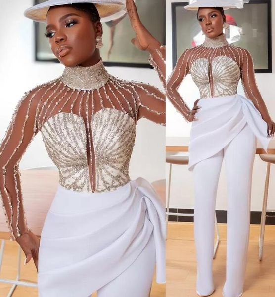 

illusion long sleeve evening dresses jumpsuit 2022 high neck luxury beaded african aso ebi prom gowns with pant suit, Black;red