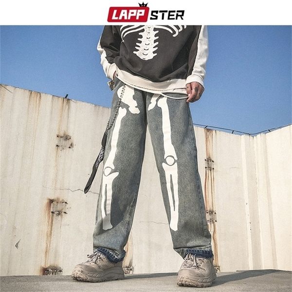 Lappster Men Skeleton Jeans pretos de tamanho grande 2020 jeans de streetwear de estilo de luto de harém de harém de harém de altos calças de jeans de jeans lj200903