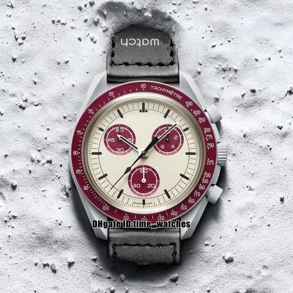 

bioceramic moonswatch swiss quqrtz chronograph mens watch so33m101 mission to pluto 42 real light cool grey ceramic burgundy nylon with box, Slivery;brown