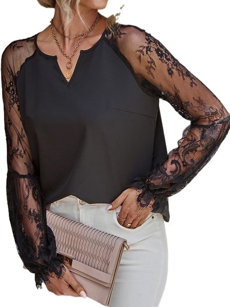 

contrast lace raglan sleeve notched neck blouse u40b#, White