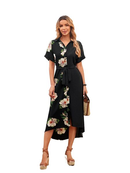 

emery rose floral print batwing sleeve belted shirt dress c5yr#, Black;gray