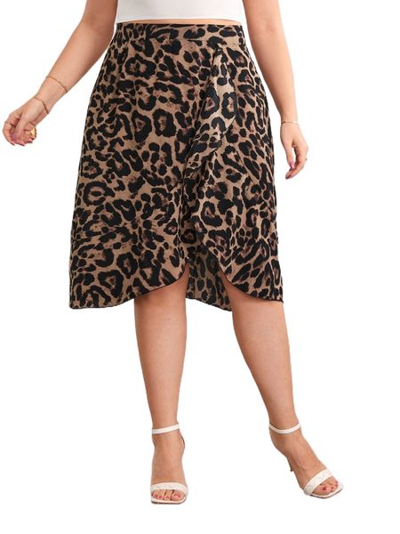 

plus leopard print ruffle asymmetrical hem skirt 84b9#, Black