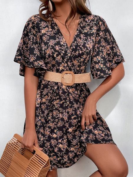 

floral print butterfly sleeve tie back dress without belt r9sl#, Black;gray