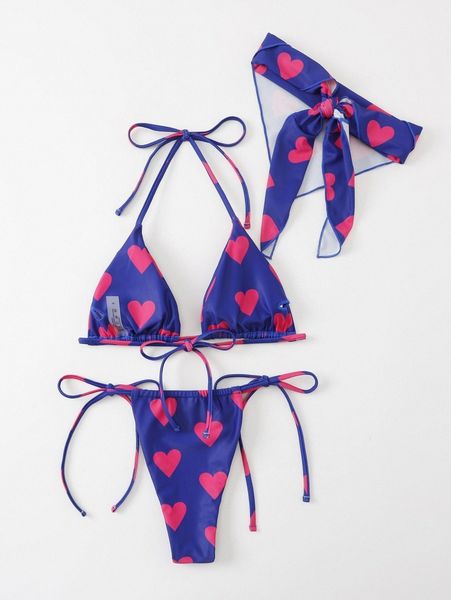 

3pack heart pattern triangle bikini swimsuit & kerchief g2vr#, White;black