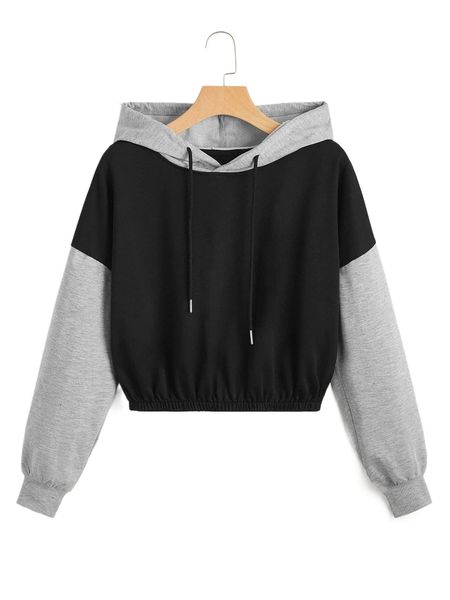 

two tone drop shoulder drawstring hoodie v2ey#, Black