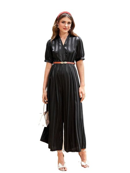 

vertical striped puff sleeve jumpsuit without belt p9ym#, Black;white
